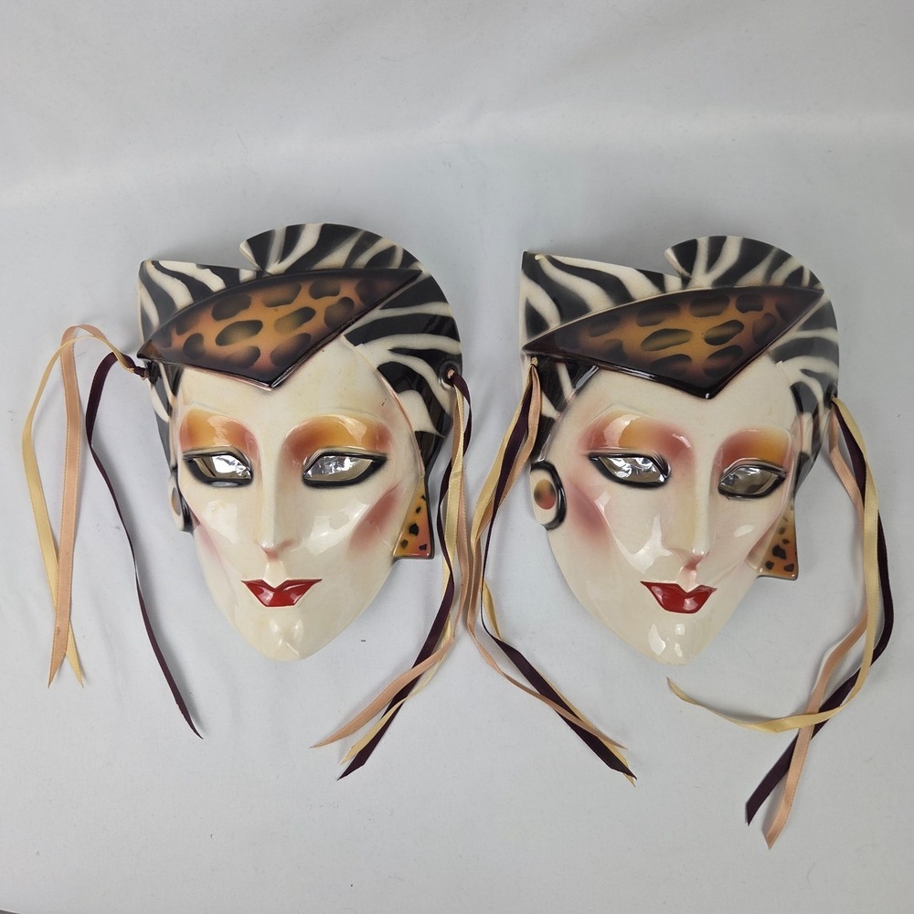 Two VTG 1987 About Face Clay Art San Francisco Ceramic Wall Masks Hand Painted